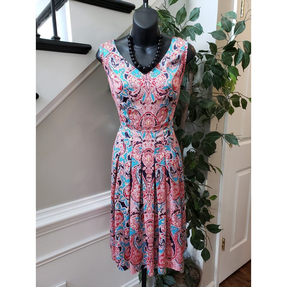 Jones New York Fit & Flare Dress Women 4 Multi Paisley Pleated Sleeveless V-Neck